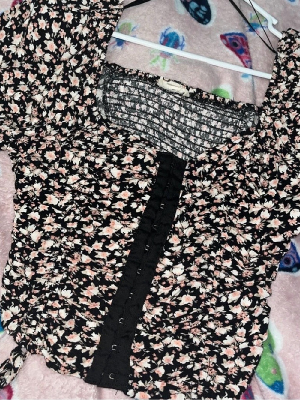 meraki Black Floral Ruched Puff-Sleeve Crop Top